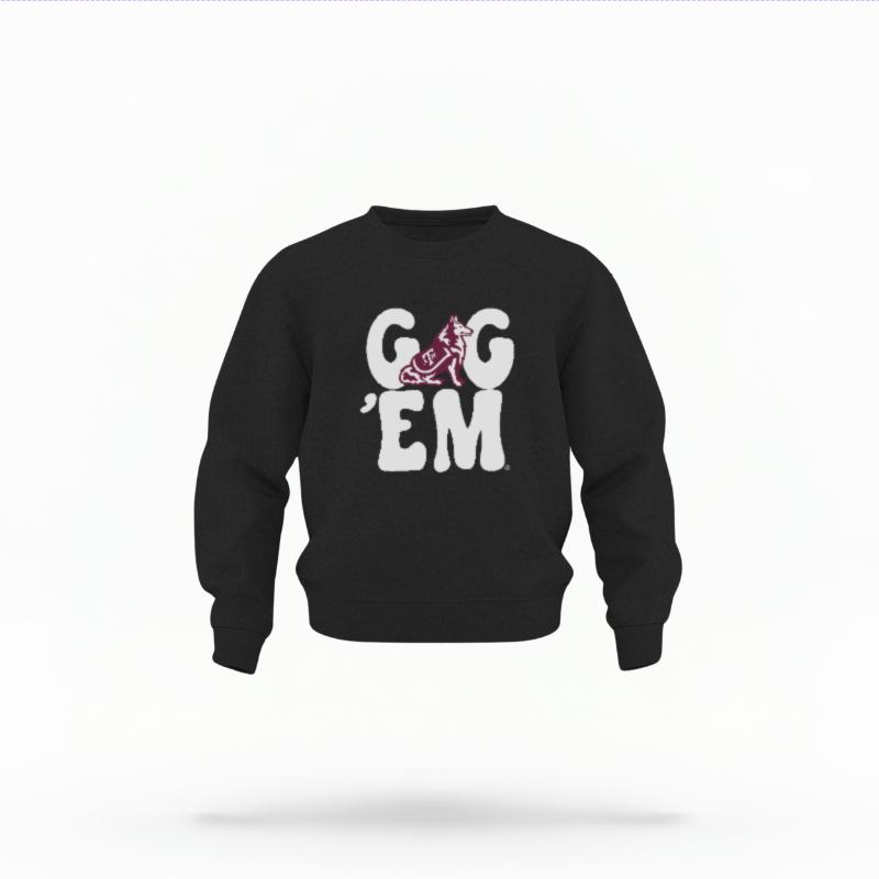 The Black Unisex Gig 'Em Retro Reveille Toddler Crewneck is set against a Ghost - White Studio background. The Gig 'Em Retro Reveille graphic is in a Sports Graphics style.