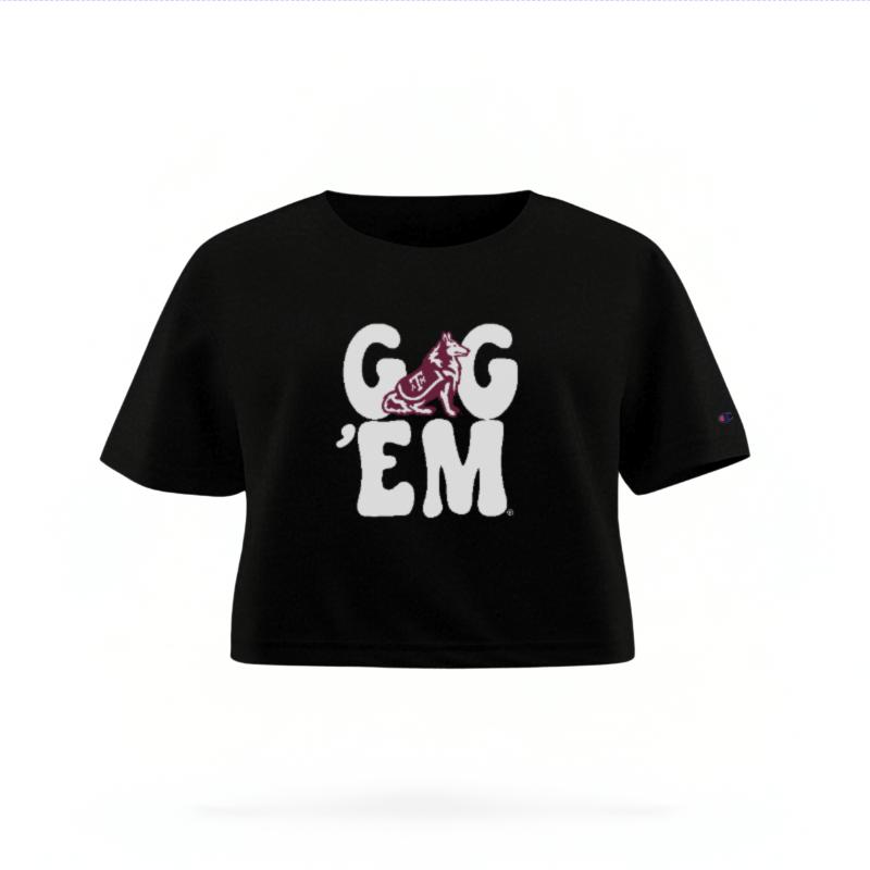 The Black Female Gig 'Em Retro Reveille Women's Boxy Crop Top is set against a Ghost - White Studio background. The Gig 'Em Retro Reveille graphic is in a Sports Graphics style.