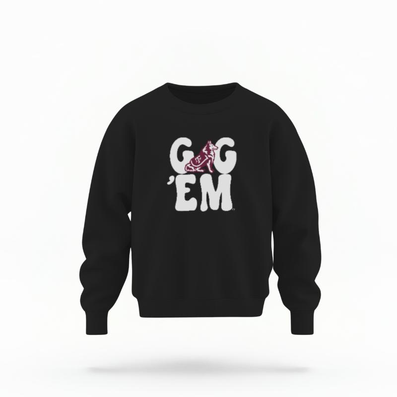 The Black Unisex Gig 'Em Retro Reveille Youth Crewneck Sweatshirt is set against a Ghost - White Studio background. The Gig 'Em Retro Reveille graphic is in a Sports Graphics style.