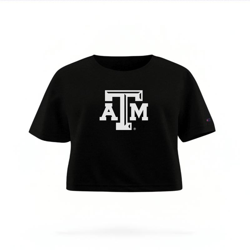 The Black Female Texas A&M Logo Women's Boxy Crop Top is set against a Ghost - White Studio background. The Texas A&M Logo graphic is in a Logo style.