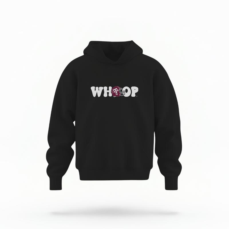 The Black Unisex Whoop Football Youth Hoodie is set against a Ghost - White Studio background. The Whoop Football graphic is in a Retro style.
