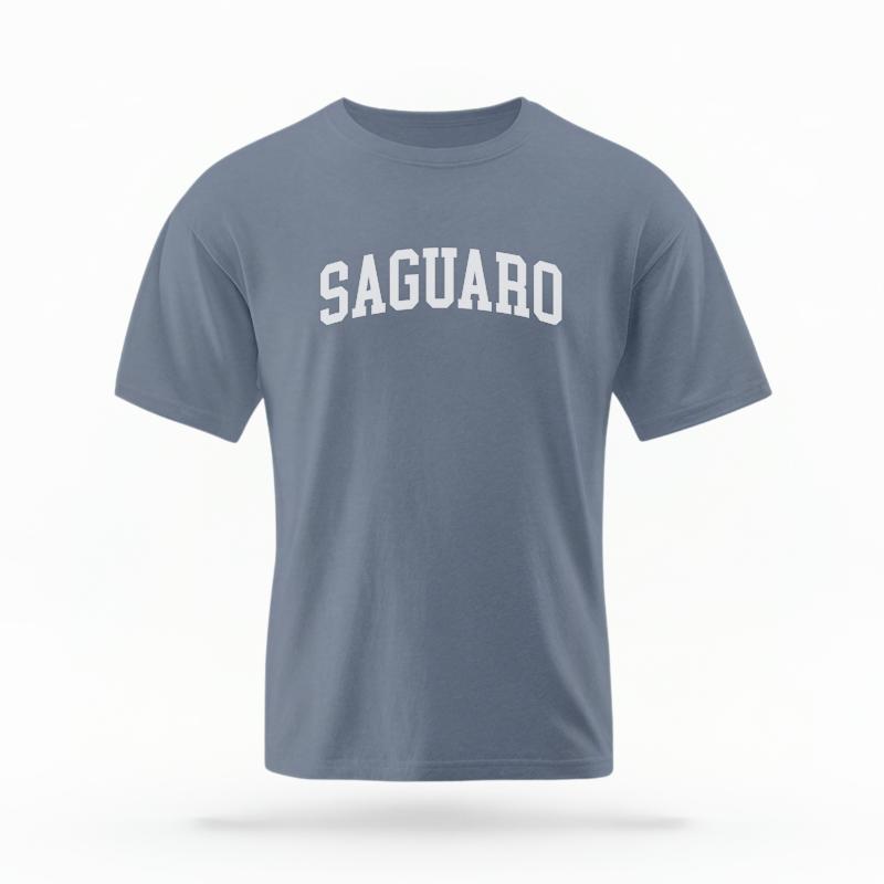 The Blue Jean Unisex Saguaro AZ Varsity T-shirt is set against a Ghost - White Studio background. The Saguaro AZ Varsity graphic is in a Varsity style.