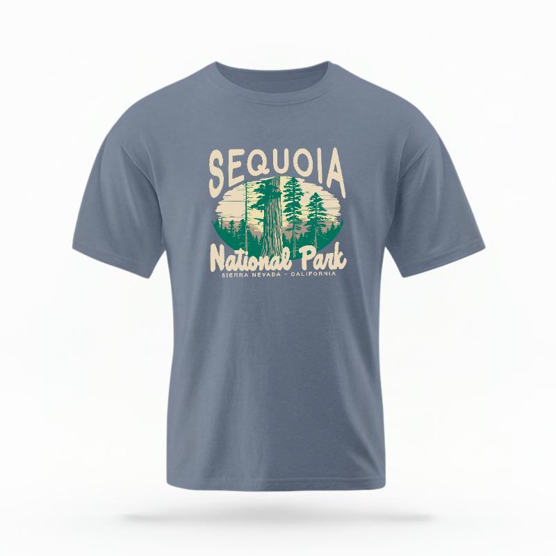 The Blue Jean Unisex Sequoia National Park T-shirt is set against a Ghost - White Studio background. The Sequoia National Park graphic is in a National Parks style.