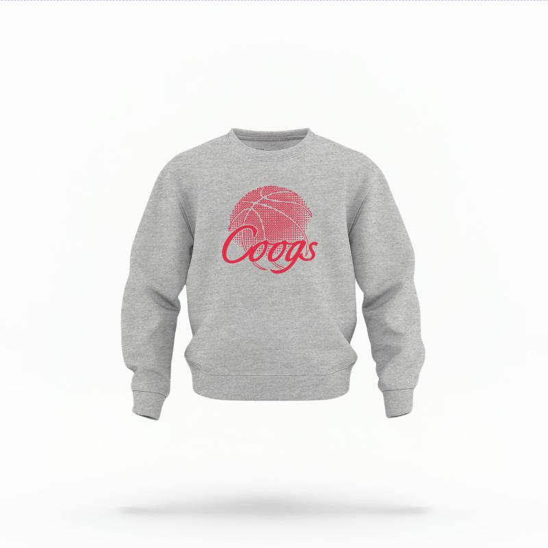 The Heather Grey Unisex Coogs Basketball Toddler Crewneck is set against a Ghost - White Studio background. The Coogs Basketball graphic is in a Basketball style.