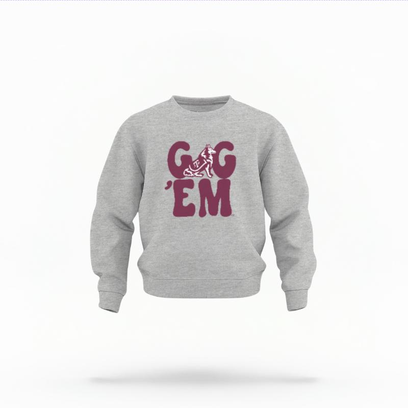 The Heather Grey Unisex Gig 'Em Retro Reveille Toddler Crewneck is set against a Ghost - White Studio background. The Gig 'Em Retro Reveille graphic is in a Sports Graphics style.