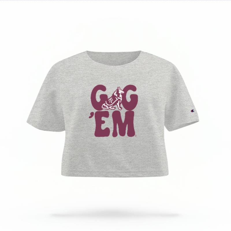 The Heather Grey Female Gig 'Em Retro Reveille Women's Boxy Crop Top is set against a Ghost - White Studio background. The Gig 'Em Retro Reveille graphic is in a Sports Graphics style.