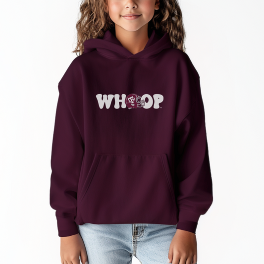 The Maroon Unisex Whoop Football Youth Hoodie. The Whoop Football graphic is in a Retro style.