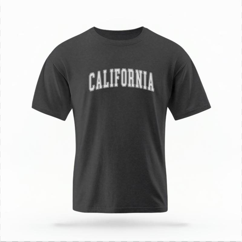 The Pepper Unisex California Varsity T-shirt is set against a Ghost - White Studio background. The California Varsity graphic is in a Varsity style.
