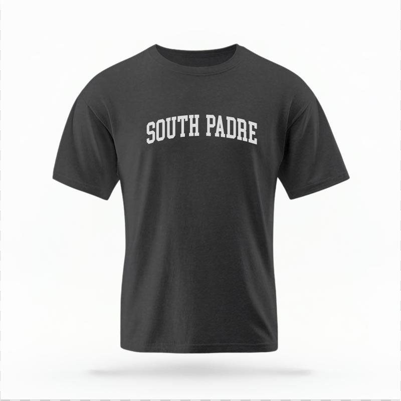 The Pepper Unisex South Padre Varsity T-shirt is set against a Ghost - White Studio background. The South Padre Varsity graphic is in a Varsity style.