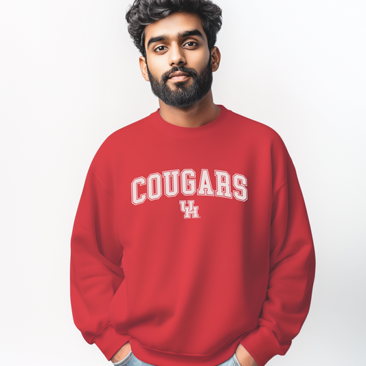Person wearing a red 'COUGARS' sweatshirt on a white background