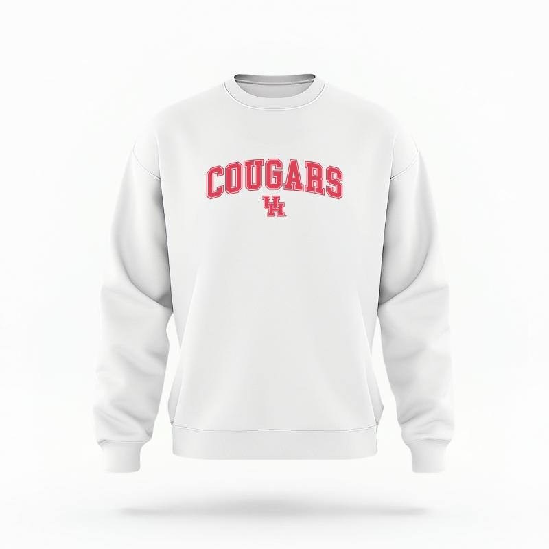 The White Unisex Cougars Varsity Crewneck Sweatshirt is set against a Ghost - White Studio background. The Cougars Varsity graphic is in a Varsity style.