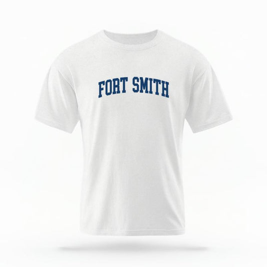 The White Unisex Fort Smith AR Varsity T-shirt is set against a Ghost - White Studio background. The Fort Smith AR Varsity graphic is in a Varsity style.