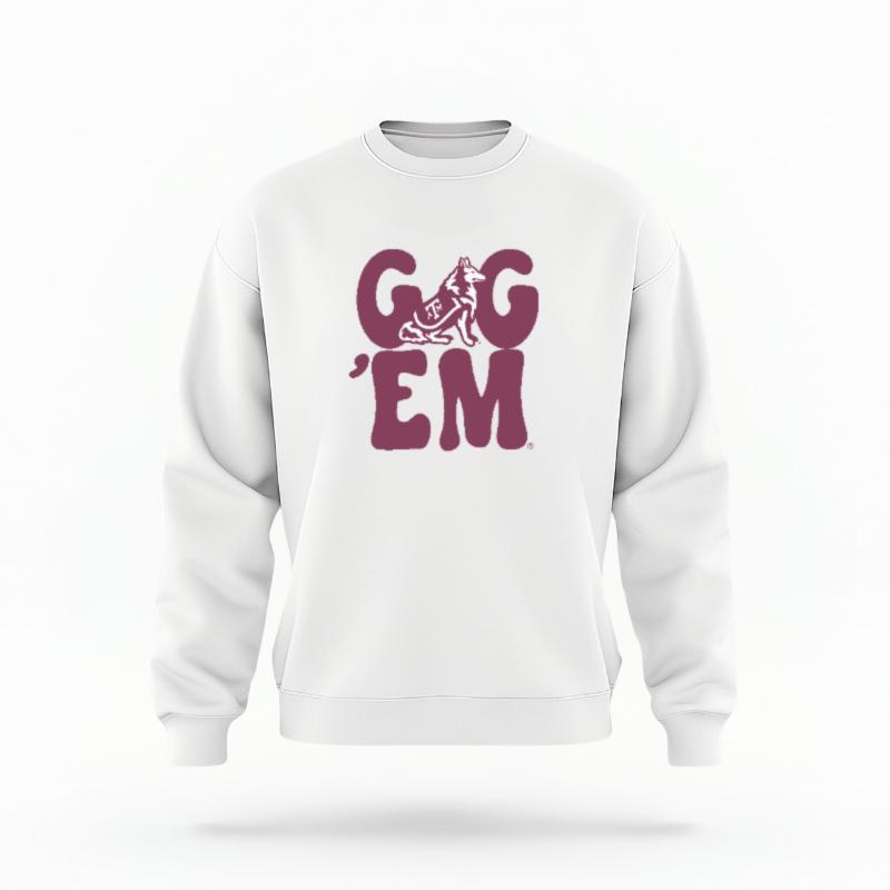 The White Unisex Gig 'Em Retro Reveille Crewneck Sweatshirt is set against a Ghost - White Studio background. The Gig 'Em Retro Reveille graphic is in a Sports Graphics style.