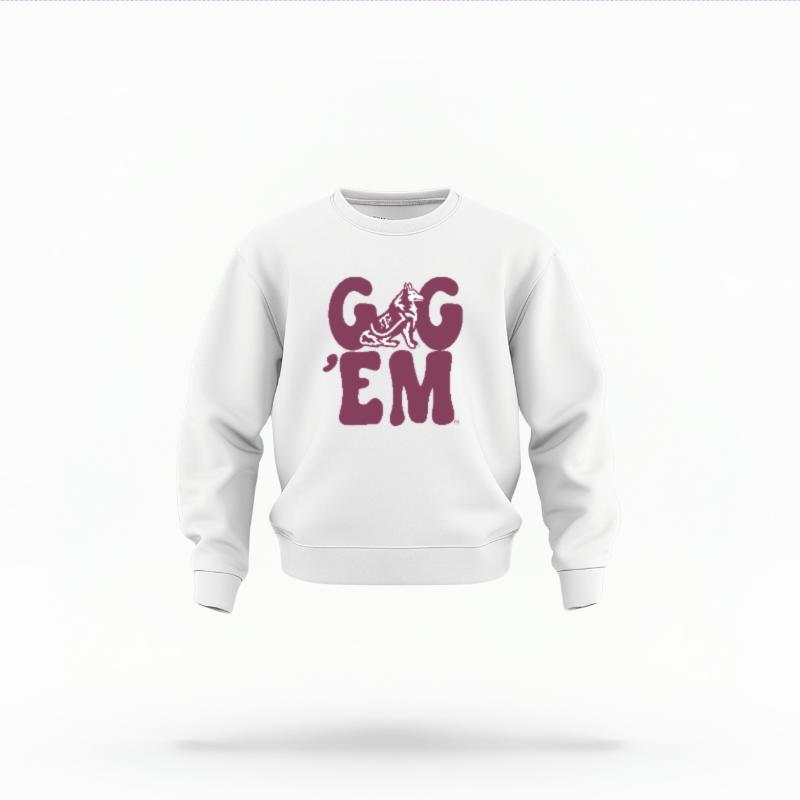 The White Unisex Gig 'Em Retro Reveille Toddler Crewneck is set against a Ghost - White Studio background. The Gig 'Em Retro Reveille graphic is in a Sports Graphics style.