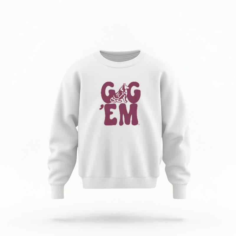 The White Unisex Gig 'Em Retro Reveille Youth Crewneck Sweatshirt is set against a Ghost - White Studio background. The Gig 'Em Retro Reveille graphic is in a Sports Graphics style.
