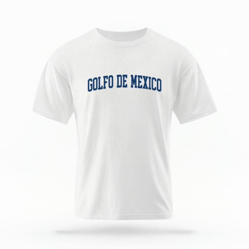The White Unisex Golfo De Mexico Varsity T-shirt is set against a Ghost - White Studio background. The Golfo De Mexico Varsity graphic is in a Varsity style.