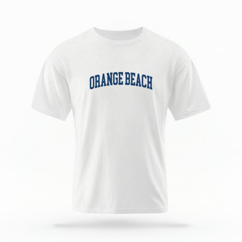 The White Unisex Orange Beach, AL Varsity T-shirt is set against a Ghost - White Studio background. The Orange Beach, AL Varsity graphic is in a Varsity style.