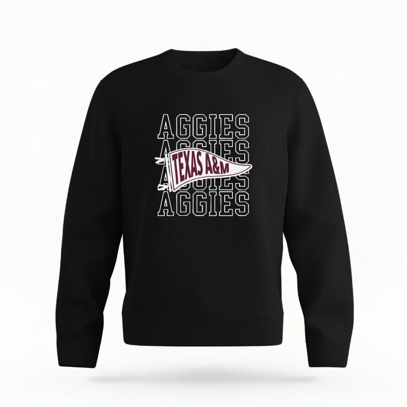 The Black Unisex Aggies Pennant Organic Cotton Crewneck is set against a Ghost - White Studio background.  The Aggies Pennant graphic is in a Sports Graphics style. 