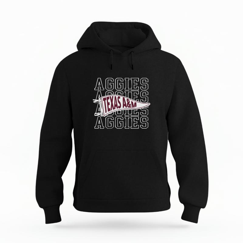 The Black Unisex Aggies Pennant Organic Cotton Hoodie is set against a Ghost - White Studio background.  The Aggies Pennant graphic is in a Sports Graphics style. 