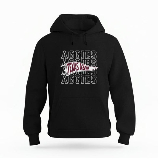 The Black Unisex Aggies Pennant Organic Cotton Hoodie is set against a Ghost - White Studio background.  The Aggies Pennant graphic is in a Sports Graphics style. 