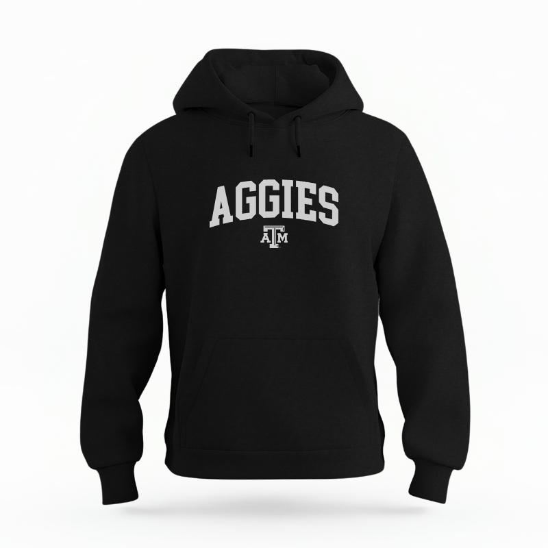 The Black Unisex Aggies Varsity Organic Cotton Hoodie is set against a Ghost - White Studio background.  The Aggies Varsity graphic is in a Sports Graphics style. 