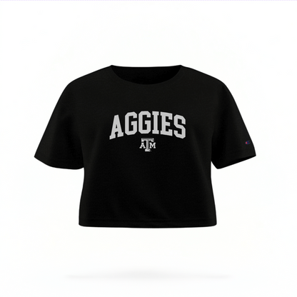 Black t-shirt with 'AGGIES' text and logo on a white background