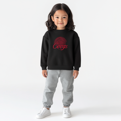 The Black Unisex Coogs Basketball Toddler Crewneck.  The Coogs Basketball graphic is in a Basketball style. 