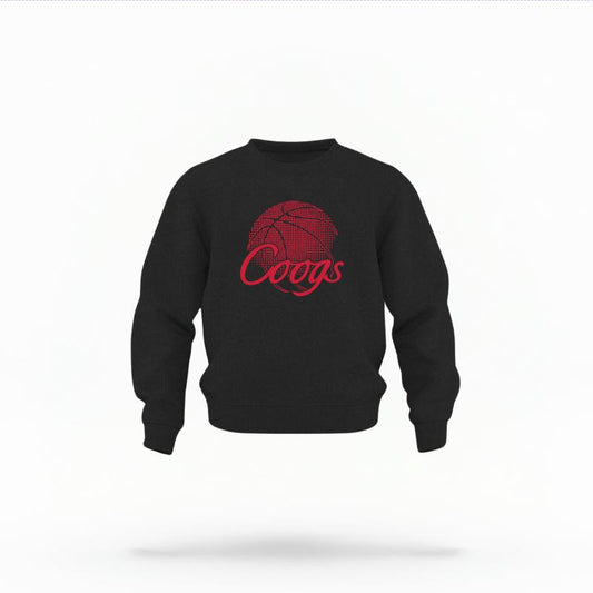 The Black Unisex Coogs Basketball Toddler Crewneck is set against a Ghost - White Studio background.  The Coogs Basketball graphic is in a Basketball style. 