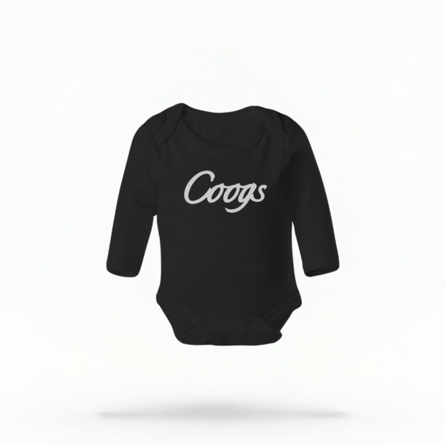 The black Unisex Coogs Script Infant Long Sleeve Bodysuit is set against a Ghost - White Studio background.  The Coogs Script graphic is in a Sports Graphics style. 