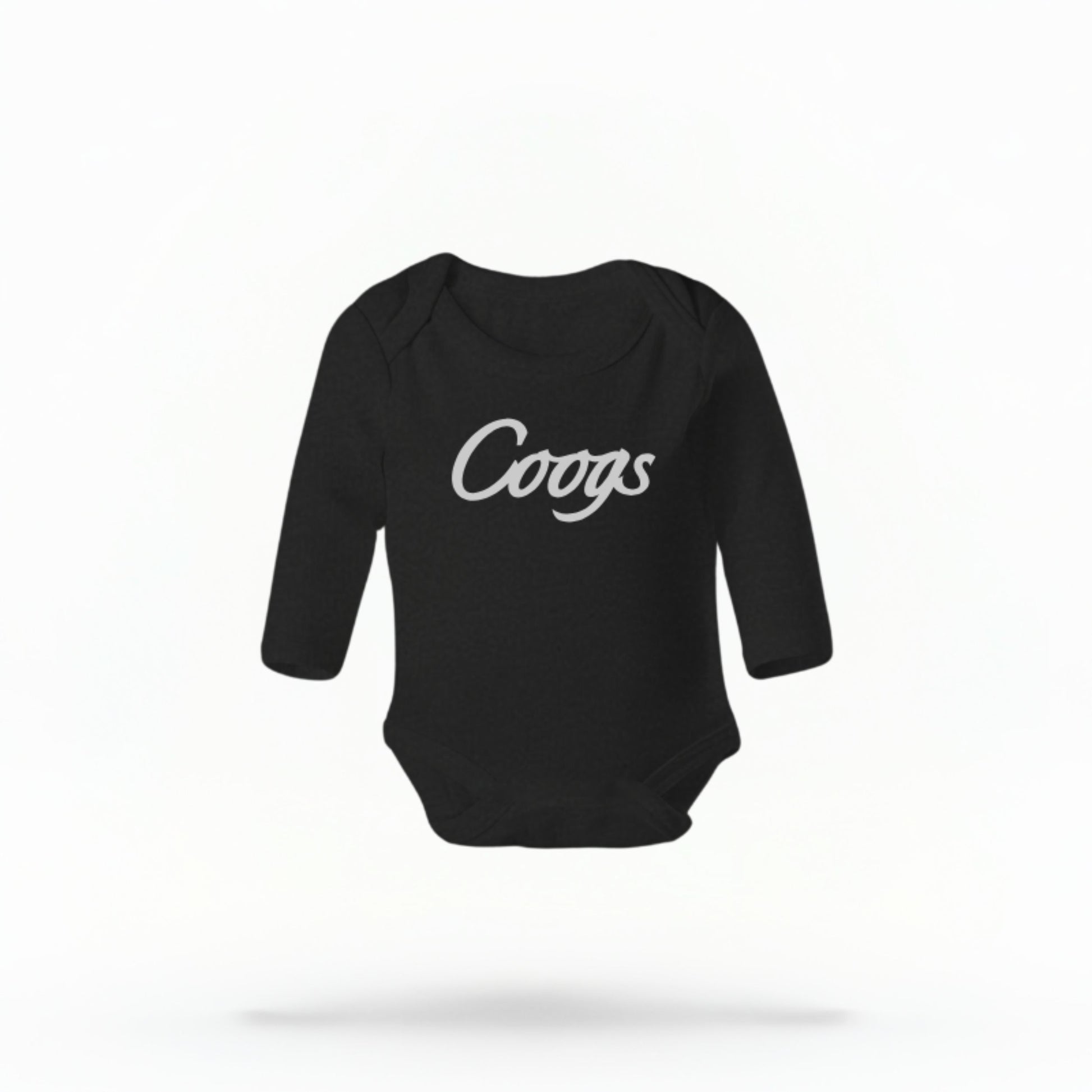 The black Unisex Coogs Script Infant Long Sleeve Bodysuit is set against a Ghost - White Studio background.  The Coogs Script graphic is in a Sports Graphics style. 