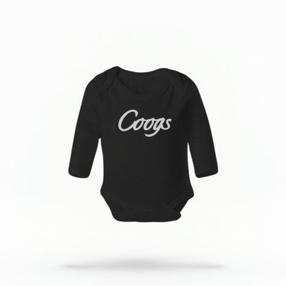 The black Unisex Coogs Script Infant Long Sleeve Bodysuit is set against a Ghost - White Studio background.  The Coogs Script graphic is in a Sports Graphics style. 