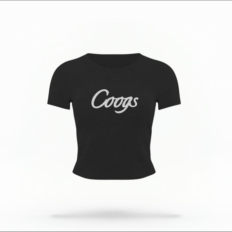 The Black Female Coogs Script Women's Baby Tee is set against a Ghost - White Studio background.  The Coogs Script graphic is in a Sports Graphics style. 