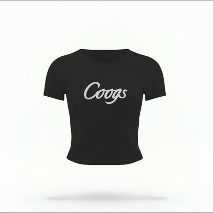 The Black Female Coogs Script Women's Baby Tee is set against a Ghost - White Studio background.  The Coogs Script graphic is in a Sports Graphics style. 