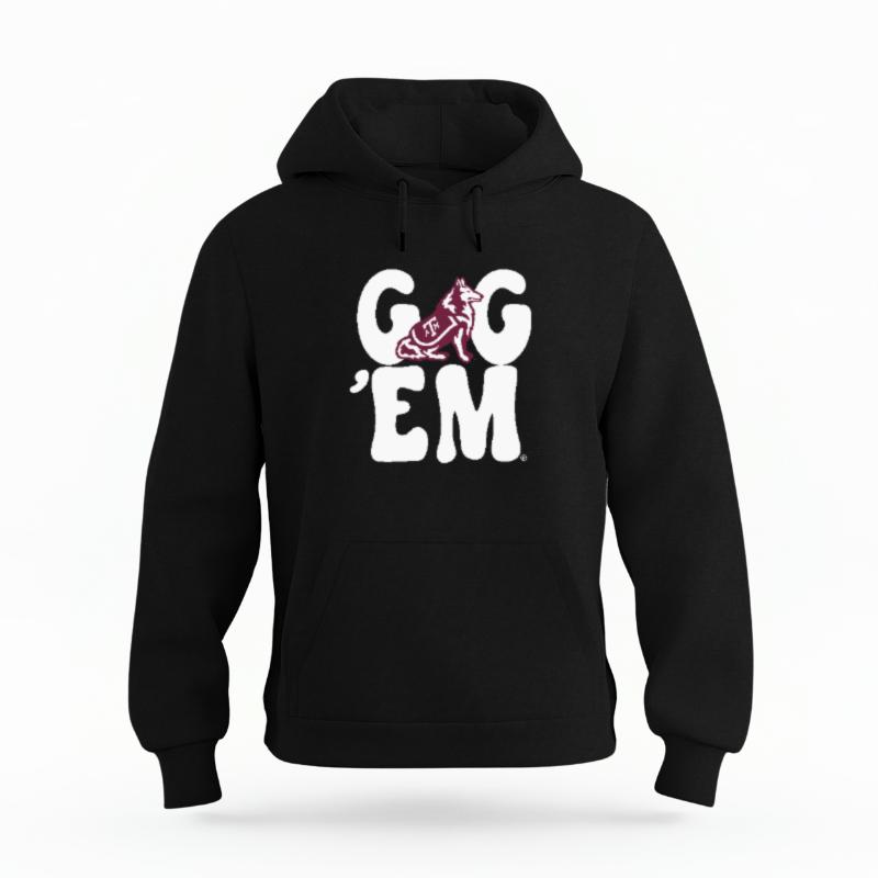 The Black Unisex Gig 'Em Retro Reveille Organic Cotton Hoodie is set against a Ghost - White Studio background.  The Gig 'Em Retro Reveille graphic is in a Sports Graphics style. 