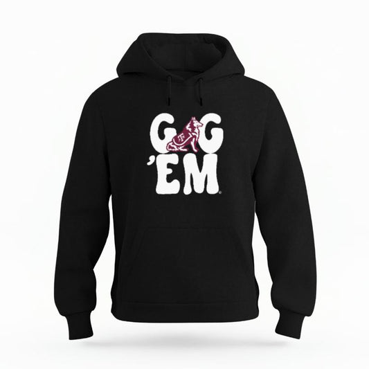 The Black Unisex Gig 'Em Retro Reveille Organic Cotton Hoodie is set against a Ghost - White Studio background.  The Gig 'Em Retro Reveille graphic is in a Sports Graphics style. 