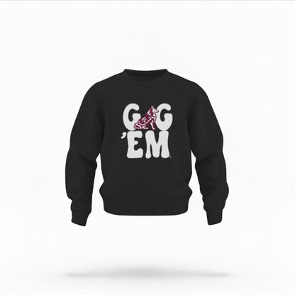 The Black Unisex Gig 'Em Retro Reveille Toddler Crewneck is set against a Ghost - White Studio background.  The Gig 'Em Retro Reveille graphic is in a Sports Graphics style. 