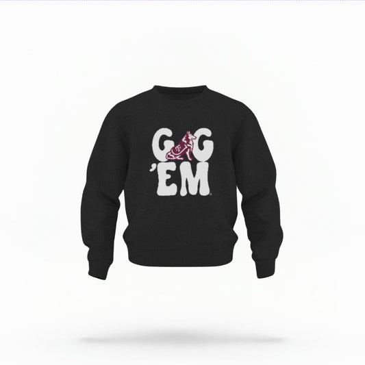 The Black Unisex Gig 'Em Retro Reveille Toddler Crewneck is set against a Ghost - White Studio background.  The Gig 'Em Retro Reveille graphic is in a Sports Graphics style. 
