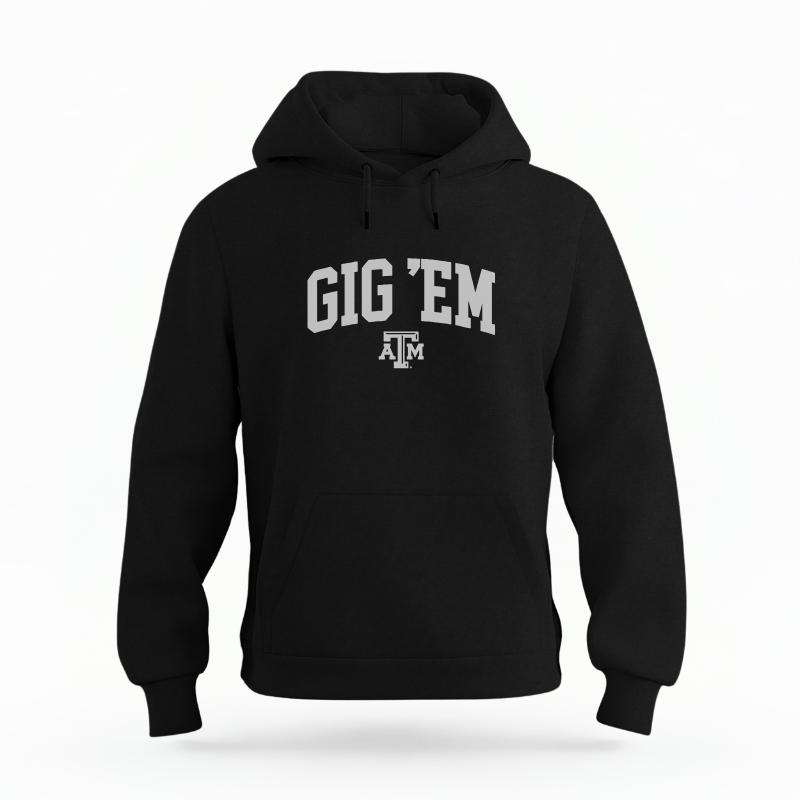 The Black Unisex Gig 'Em Varsity Organic Cotton Hoodie is set against a Ghost - White Studio background.  The Gig 'Em Varsity graphic is in a Sports Graphics style. 