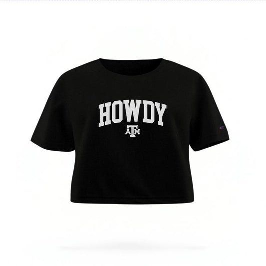 The Black Female Howdy Varsity Women's Boxy Crop Top is set against a Ghost - White Studio background.  The Howdy Varsity graphic is in a Sports Graphics style. 