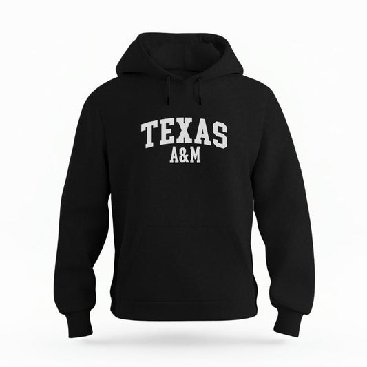 The Black Unisex Texas A&M Varsity Organic Cotton Hoodie is set against a Ghost - White Studio background.  The Texas A&M Varsity graphic is in a Sports Graphics style. 