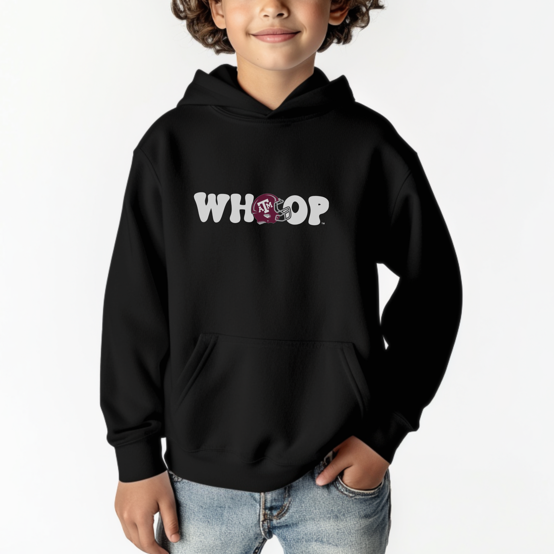 The Black Unisex Whoop Football Youth Hoodie.  The Whoop Football graphic is in a Retro style. 