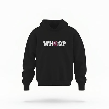 The Black Unisex Whoop Football Youth Hoodie is set against a Ghost - White Studio background.  The Whoop Football graphic is in a Retro style. 