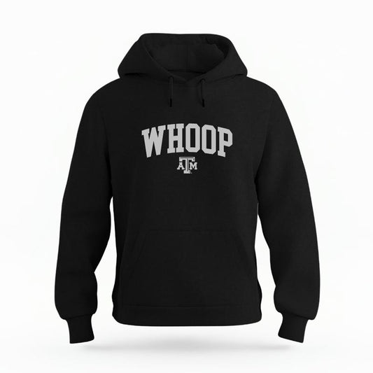 The Black Unisex Whoop Varsity Organic Cotton Hoodie is set against a Ghost - White Studio background.  The Whoop Varsity graphic is in a Sports Graphics style. 