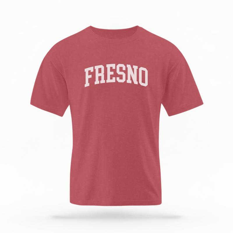 The Crimson Unisex Fresno CA Varsity T-shirt is set against a Ghost - White Studio background.  The Fresno CA Varsity graphic is in a Varsity style. 