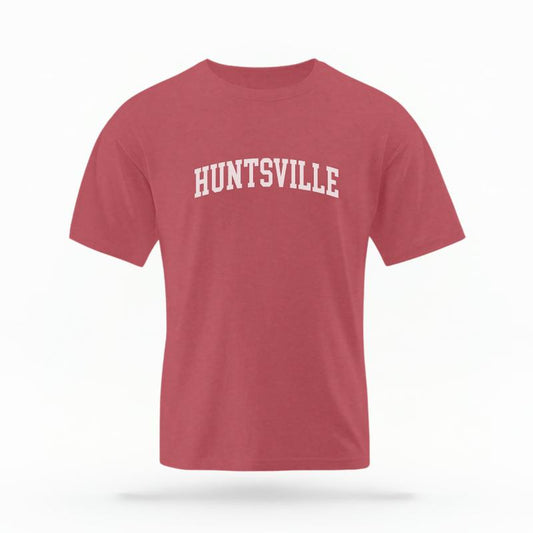 The Crimson Unisex Huntsville, AL Varsity T-shirt is set against a Ghost - White Studio background.  The Huntsville, AL Varsity graphic is in a Varsity style. 