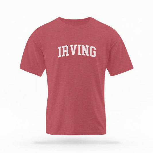The Crimson Unisex Irving Varsity T-shirt is set against a Ghost - White Studio background.  The Irving Varsity graphic is in a Varsity style. 