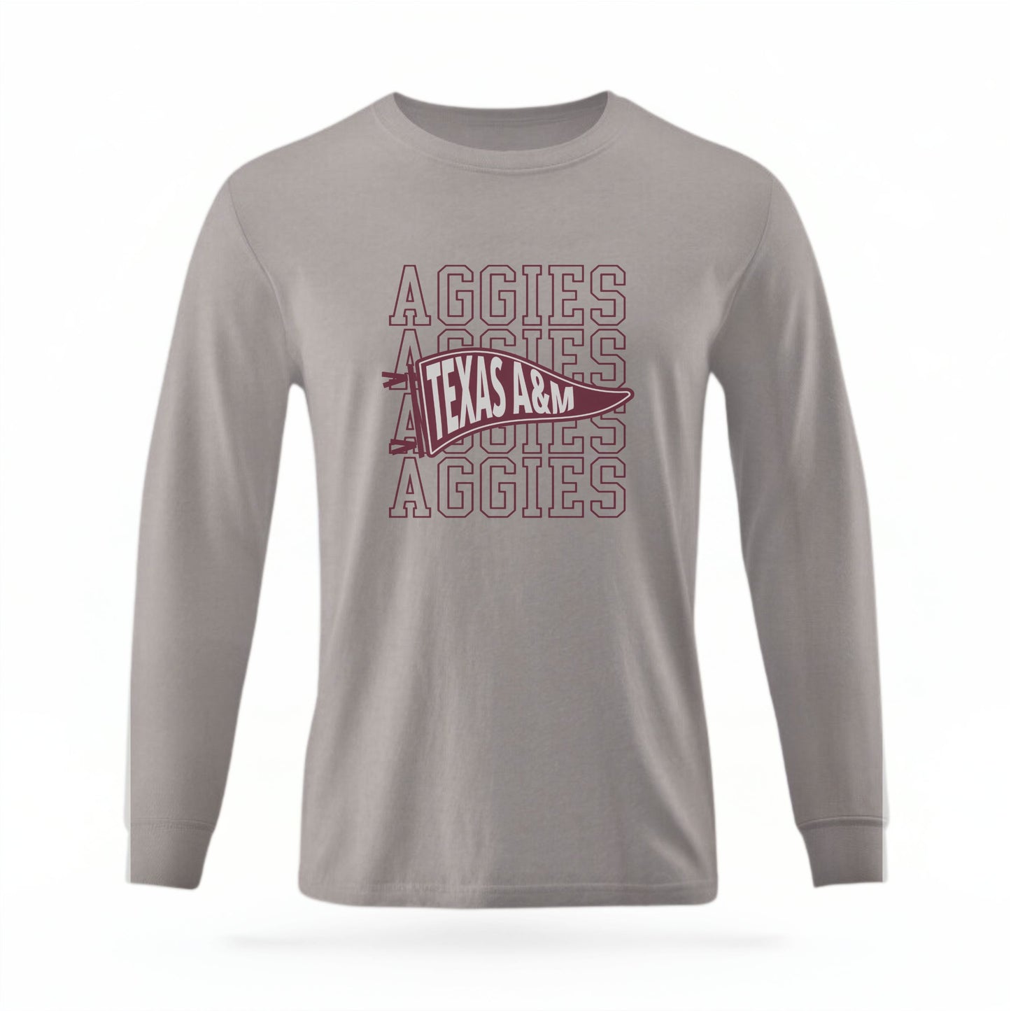 The Grey Unisex Aggies Pennant Long Sleeve T-shirt is set against a Ghost - White Studio background.  The Aggies Pennant graphic is in a Sports Graphics style. 