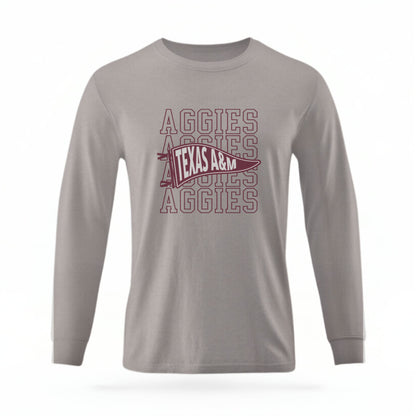 The Grey Unisex Aggies Pennant Long Sleeve T-shirt is set against a Ghost - White Studio background.  The Aggies Pennant graphic is in a Sports Graphics style. 