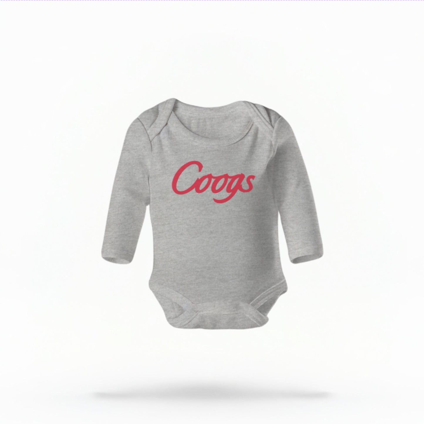 The grey Unisex Coogs Script Infant Long Sleeve Bodysuit is set against a Ghost - White Studio background.  The Coogs Script graphic is in a Sports Graphics style. 