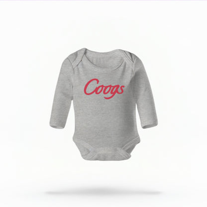 The grey Unisex Coogs Script Infant Long Sleeve Bodysuit is set against a Ghost - White Studio background.  The Coogs Script graphic is in a Sports Graphics style. 